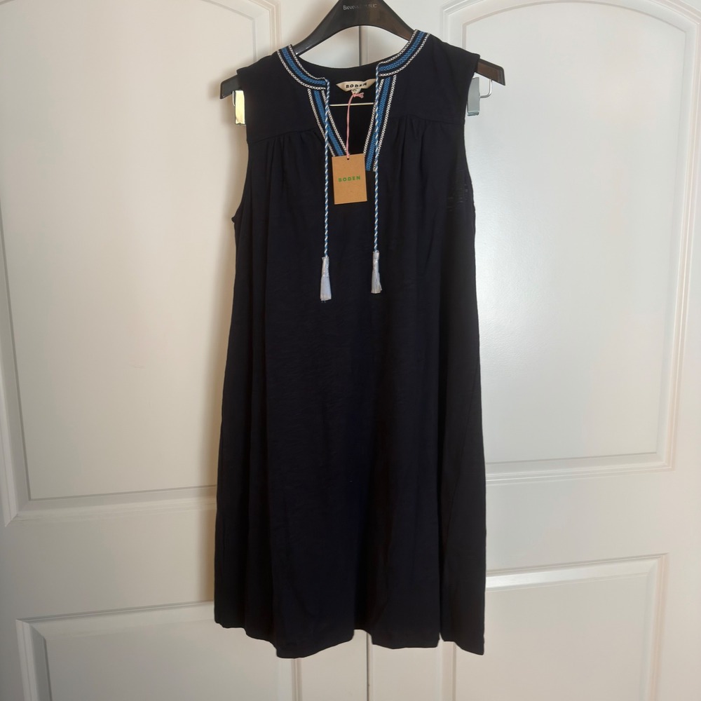 Boden Navy Blue Embroidered Tassel Jersey Shift Dress Womens 8R NEW